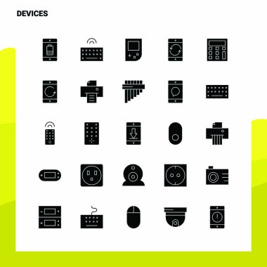 25 Aygıt Simgesi ayarlandı. Solid Glyph Simge Vektör İllüstrasyonu Templa