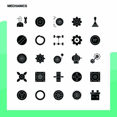25 Mekanik Simgesi seti. Solid Glyph Simge Vektör İllüstrasyon Sıcaklığı
