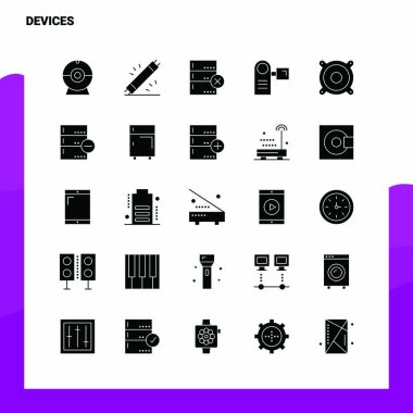 25 Aygıt Simgesi ayarlandı. Solid Glyph Simge Vektör İllüstrasyonu Templa