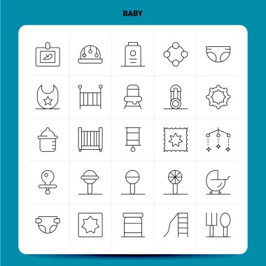 Taslak 25 Bebek Simgesi seti. Vektör Satırı Biçim Tasarımı Siyah Simgeler S