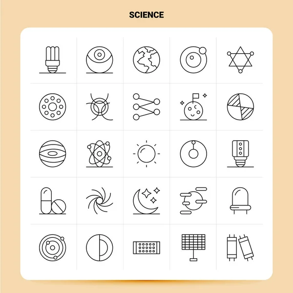 Zarys 25 Zestaw ikon naukowych. Projektowanie stylu linii wektorowej Czarna ikona — Wektor stockowy