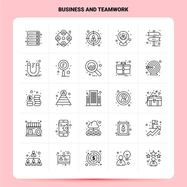 OutLine 25 Conjunto de ícones de negócios e trabalho em equipe. Linha de vetores estilo Des — Vetor de Stock
