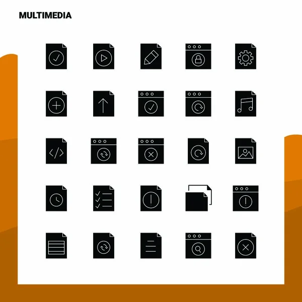 Set di 25 icone multimediali. Illustrazione vettoriale dell'icona del glifo solido Tem — Vettoriale Stock