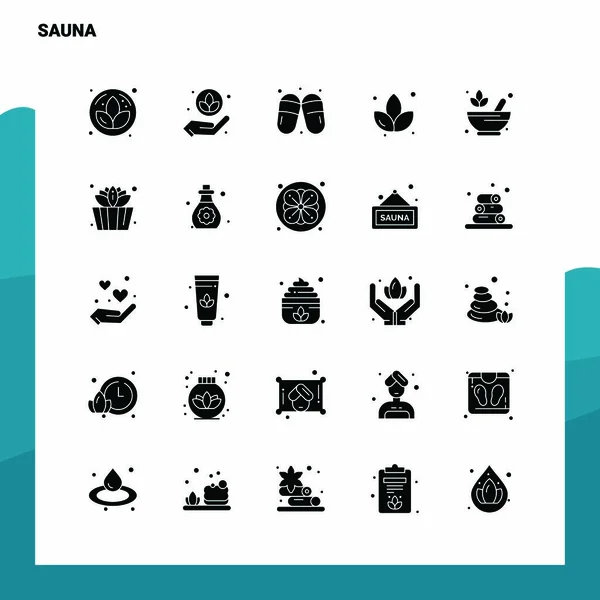 25 Set de iconos Sauna. Plantilla de ilustración de vectores de ícono de glifo sólido — Vector de stock