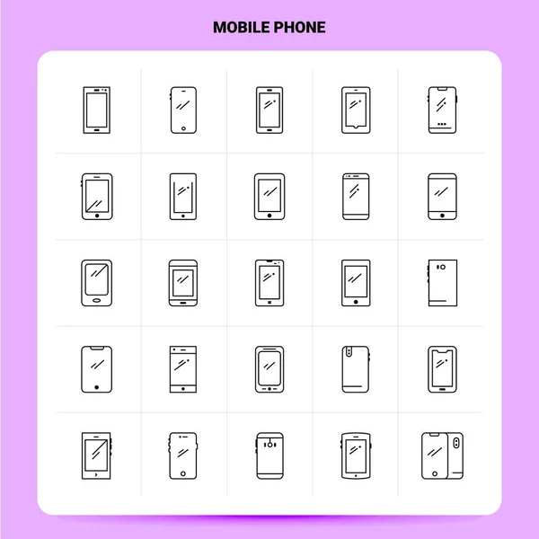 Zarys 25 Zestaw ikon telefonu komórkowego. Linia wektorowa styl projekt czarny — Wektor stockowy