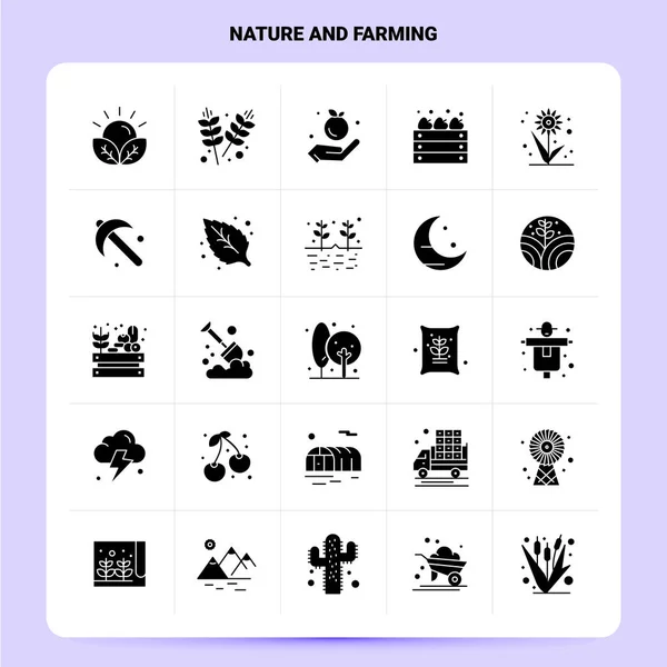 Твердая 25 Nature And Farming Icon set. Векторный стиль глифов — стоковый вектор