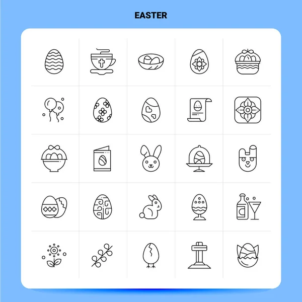 Esquema 25 Conjunto de iconos de Pascua. Vector Línea Estilo Diseño Iconos Negro — Vector de stock