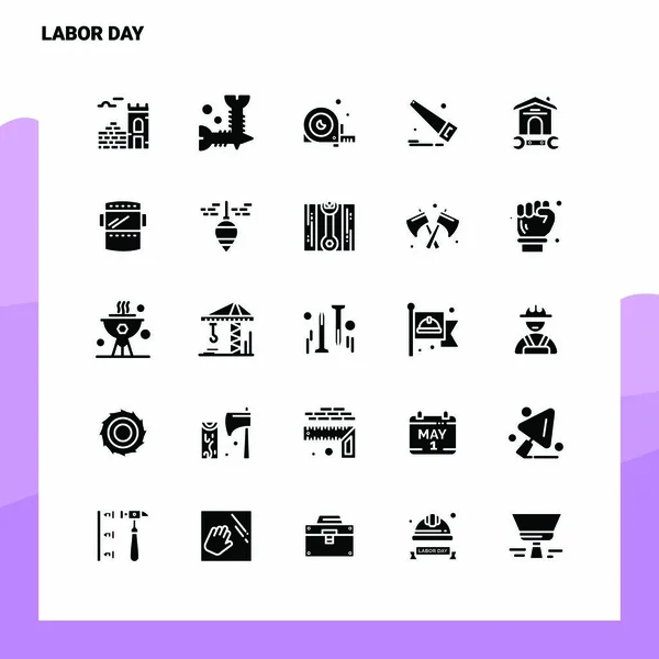 Set di 25 icone del Labor Day. Temperatura dell'illustrazione vettoriale dell'icona del glifo solido — Vettoriale Stock