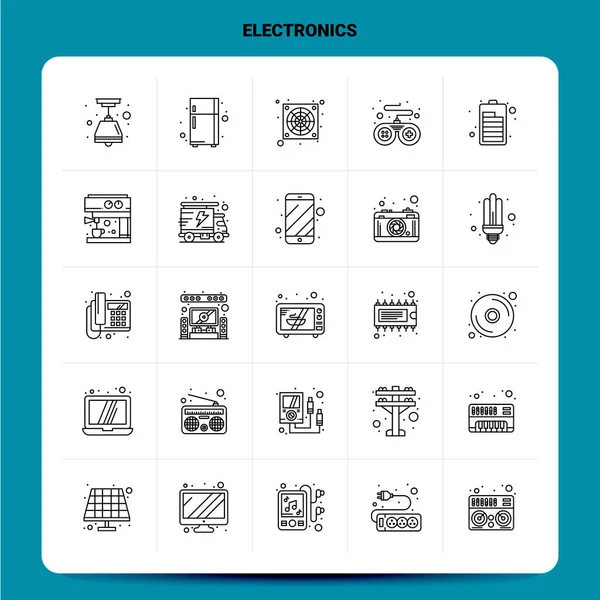 Overzicht 25 Electronics Icoon set. Vector lijn stijl ontwerp zwart — Stockvector