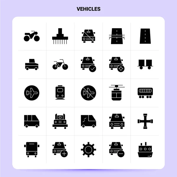 Stałe 25 Ikona pojazdów zestaw. Projektowanie stylu wektorowego Glyph Black Icon — Wektor stockowy