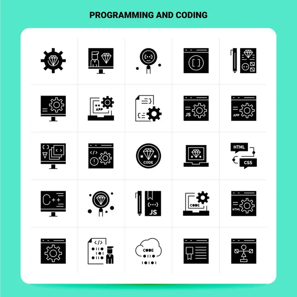 Solidny zestaw 25 ikon programowania i kodowania. Styl wektorowy glif Des — Wektor stockowy