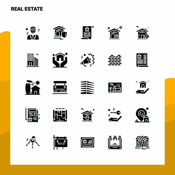 25 Icon imobiliário definido. Ícone de Glifo Sólido Ilustração do Vetor Te — Vetor de Stock