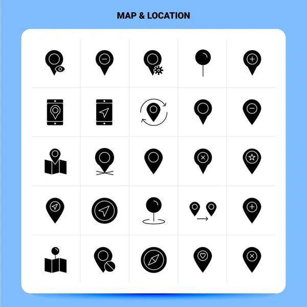 Solid 25 Map & Location Icon set. Vector Glyph Style Design Blac — Stock Vector