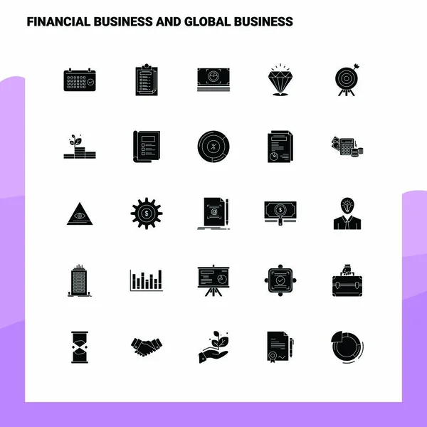 25 Conjunto de iconos de negocios financieros y negocios globales. Glifo sólido — Archivo Imágenes Vectoriales