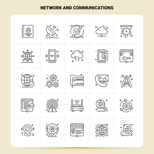 Esquema 25 Conjunto de iconos de redes y comunicaciones. Línea vectorial Styl — Vector de stock