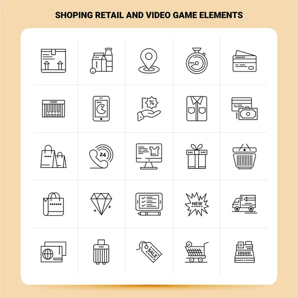 OutLine 25 Shoping Retail e Video Game Elements Icon set. Vect — Vettoriale Stock