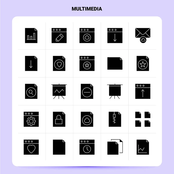 Conjunto de iconos multimedia Solid 25. Diseño de estilo de glifo vectorial negro Ic — Archivo Imágenes Vectoriales