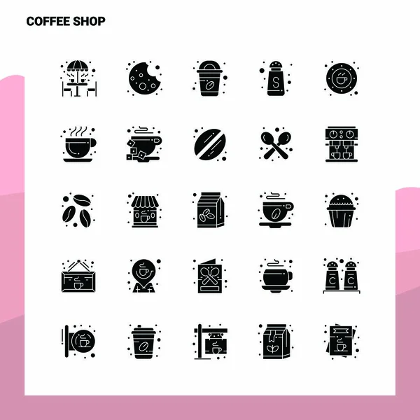 Set di 25 icone della caffetteria. Illustrazione vettoriale dell'icona del glifo solido Te — Vettoriale Stock