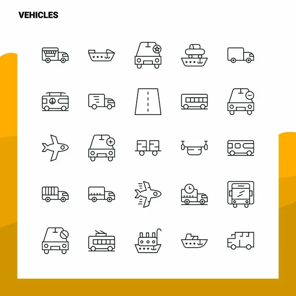 Reihe von Fahrzeugen Zeilensymbole Satz 25 Symbole. Vektor Minimalismus Stil — Stockvektor