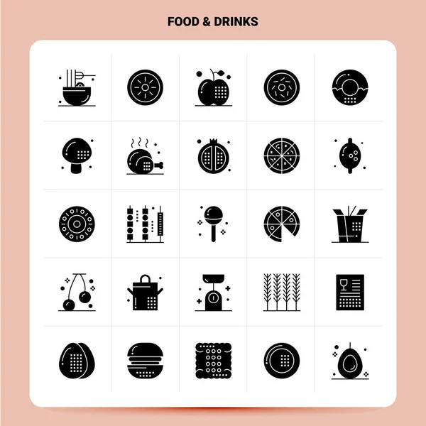 Sada Solid 25 Food & Drinks Icon. Černý design stylu vektoru Glyph — Stockový vektor