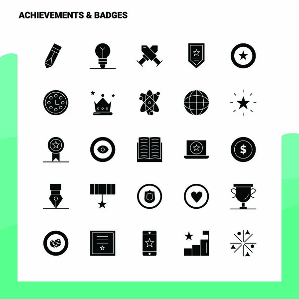 25 Set di icone Realizzazioni e Badge. Icona del glifo solido Vettore Illus — Vettoriale Stock