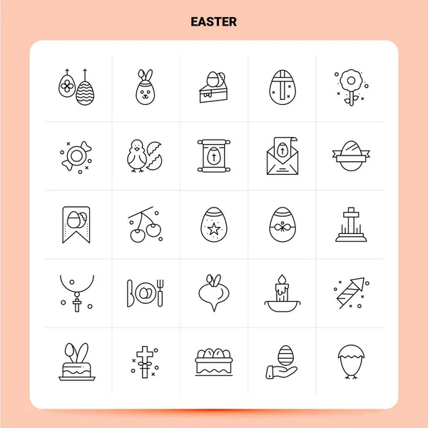 Esquema 25 Conjunto de iconos de Pascua. Vector Línea Estilo Diseño Iconos Negro — Vector de stock