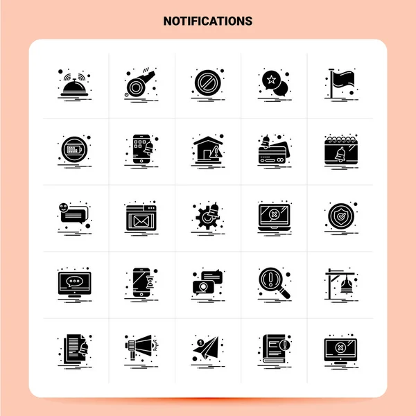 Solid 25 Notifications Icon set. Vector Glyph Estilo Design Preto —  Vetores de Stock