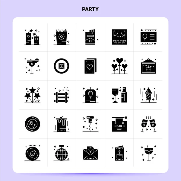 Sada pevných 25 Party Icon. Vektorový styl Glyph Design černé ikony S — Stockový vektor