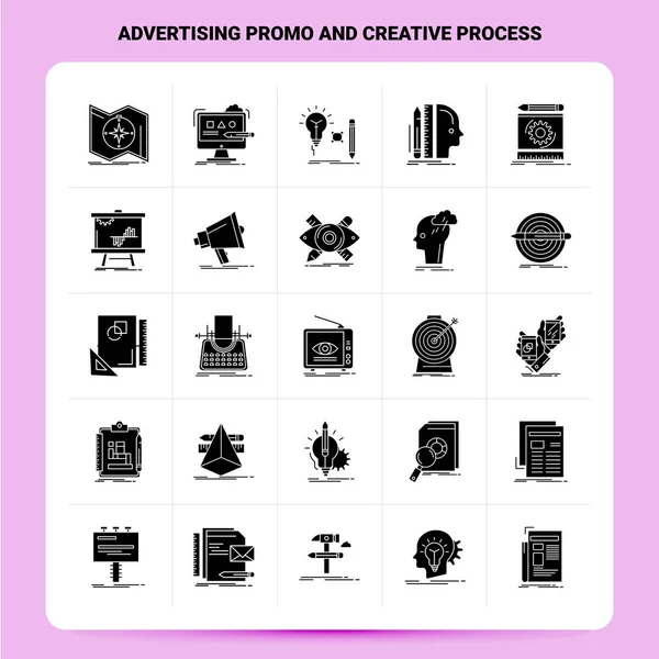 Solid 25 Advertising Promo And Creative Process Icon set. Vector — Stock Vector