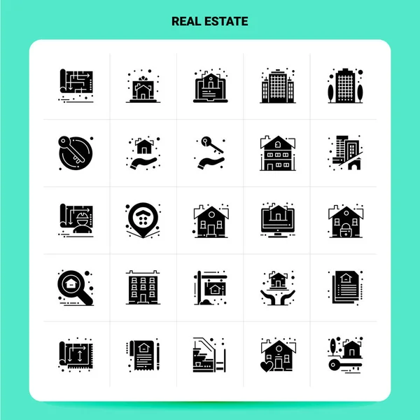 Στερεά 25 Real Estate Icon σετ. Διάνυσμα Glyph Style Σχεδιασμός Μαύρο I — Διανυσματικό Αρχείο