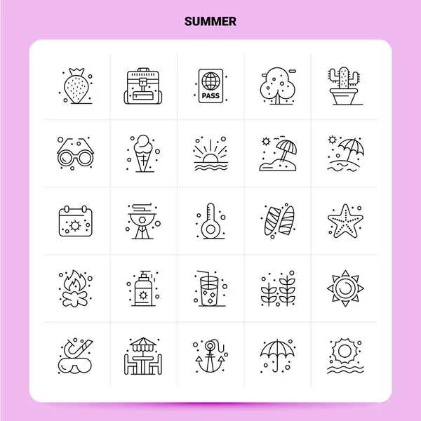 Esquema 25 Conjunto de iconos de verano. Vector Línea Estilo Diseño Iconos Negro — Vector de stock