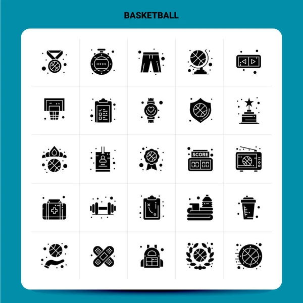 Sada Solid 25 Basketball Icon. Design stylu vektoru Glyph Black Ic — Stockový vektor