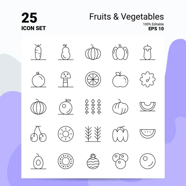 25 Set di icone di frutta e verdura. File EPS 10 modificabili al 100%. Autobus — Vettoriale Stock