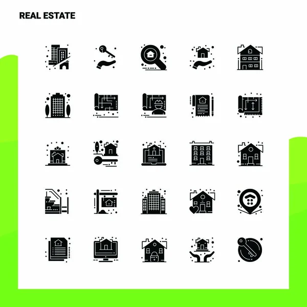 25 Icon imobiliário definido. Ícone de Glifo Sólido Ilustração do Vetor Te — Vetor de Stock