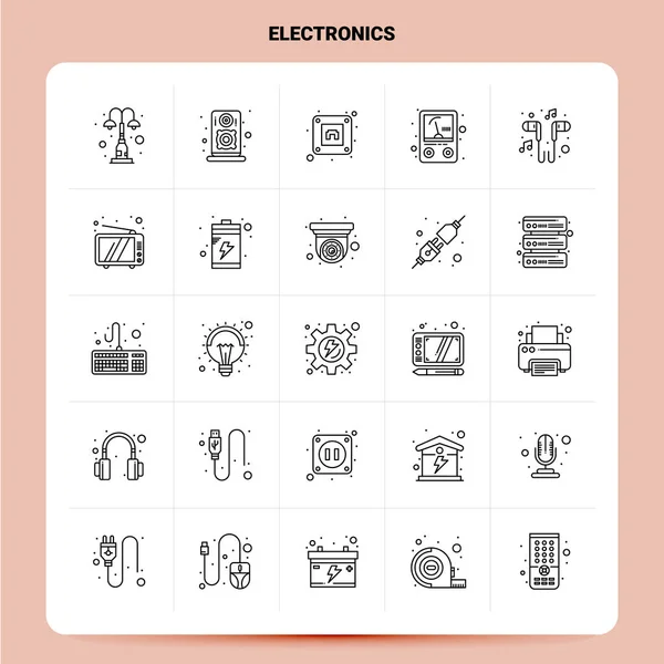Esquema 25 Conjunto de iconos electrónicos. Vector línea estilo diseño negro — Archivo Imágenes Vectoriales