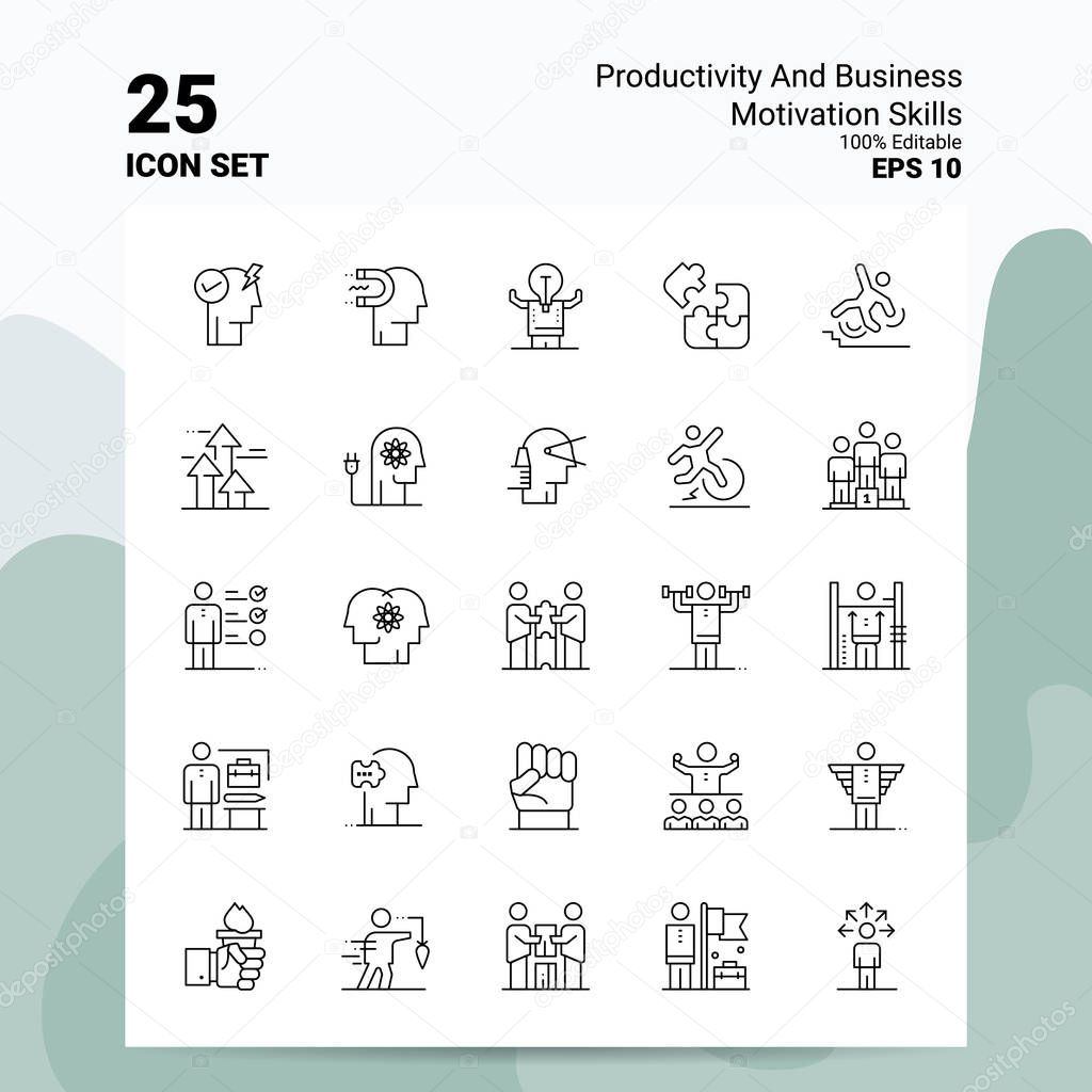 25 Productivity And Business Motivation Skills Icon Set. 100% Ed