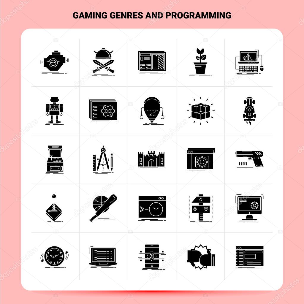 Solid 25 Gaming Genres And Programming Icon set. Vector Glyph St