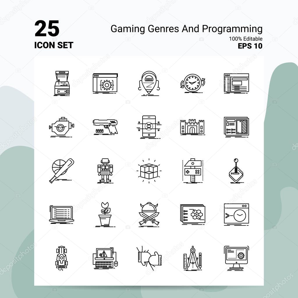 25 Gaming Genres And Programming Icon Set. 100% Editable EPS 10 
