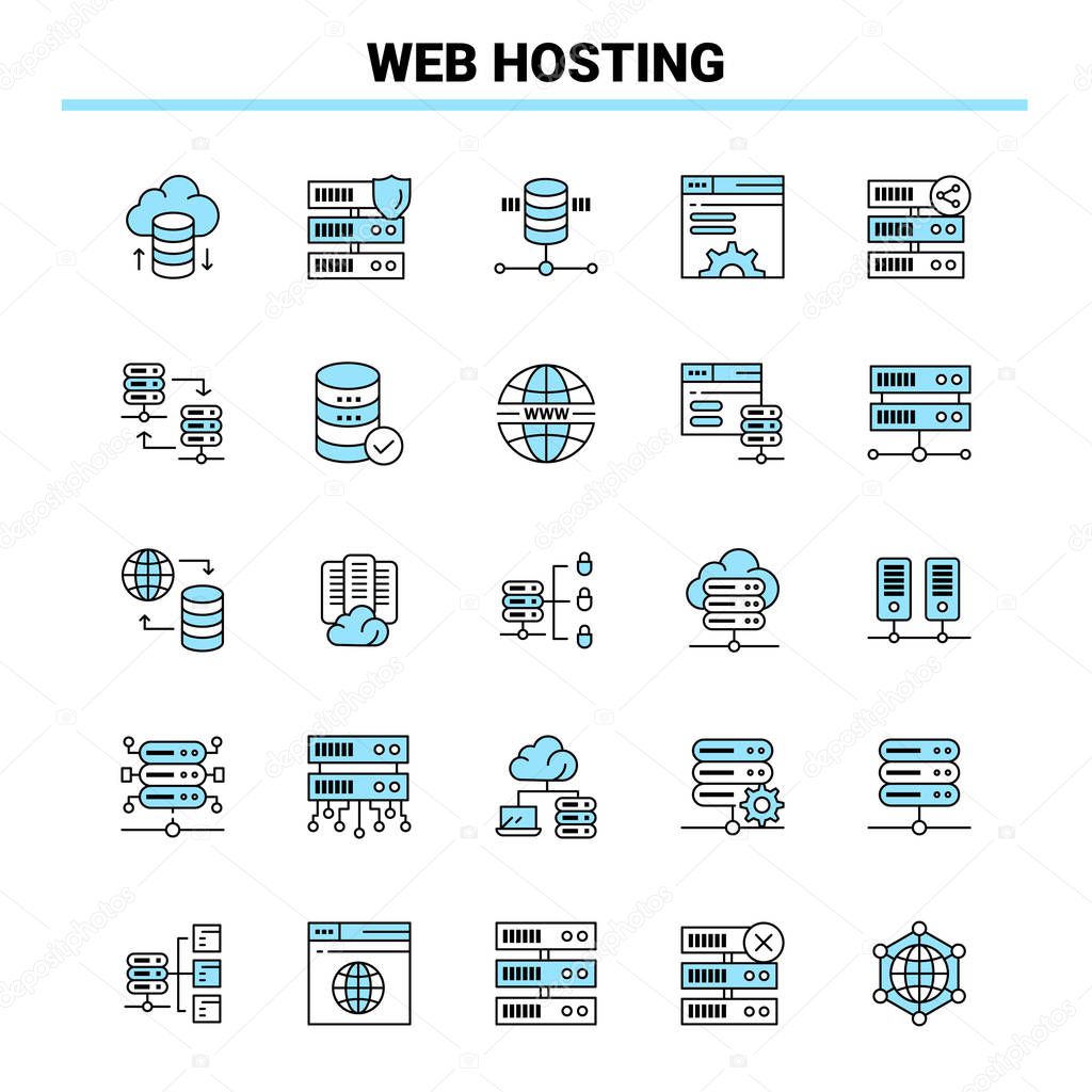 25 Web Hosting Black and Blue icon Set. Creative Icon Design and logo template