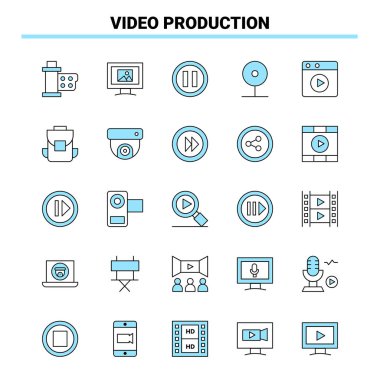 25 Video Prodüksiyon Siyah ve Mavi ikon Seti. Yaratıcı Simge Tasarımı ve logo şablonu