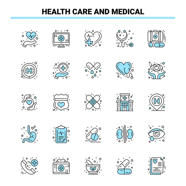 Ensemble de 25 icônes noires et bleues médicales et de soins de santé. Créatif Ico — Image vectorielle