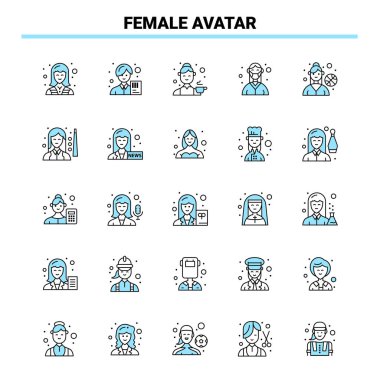 25 Dişi Avatar Siyah ve Mavi ikon Seti. Yaratıcı Simge Tasarımı ve logo şablonu