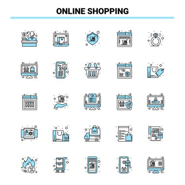 Online Alışveriş Siyah ve Mavi ikon seti. Yaratıcı Simge Tasarımı