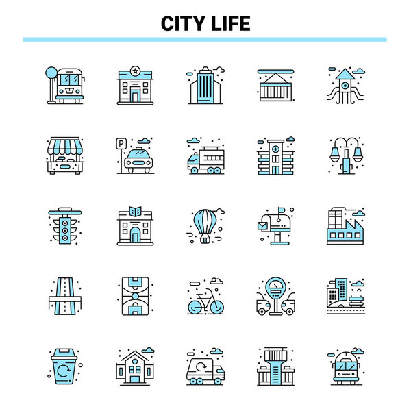 25 City Life Black and Blue icon Set. Creative Icon Design and l