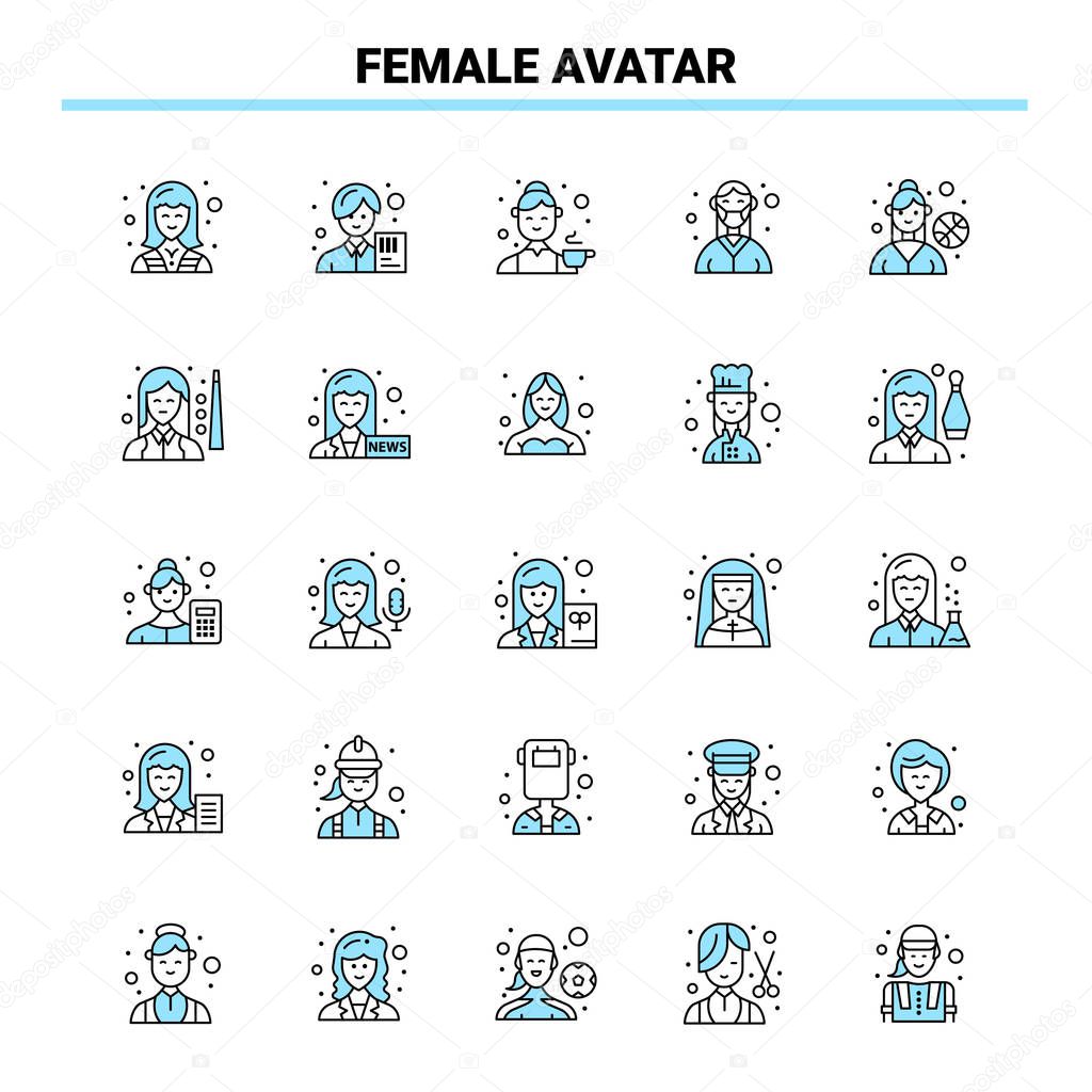 25 Female Avatar Black and Blue icon Set. Creative Icon Design and logo template