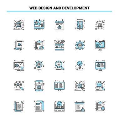25 Web Tasarım ve Geliştirme Siyah ve Mavi ikon Seti. Yaratıcı 