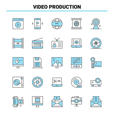 25 Video Prodüksiyon Siyah ve Mavi ikon Seti. Yaratıcı Simge Tasarımı