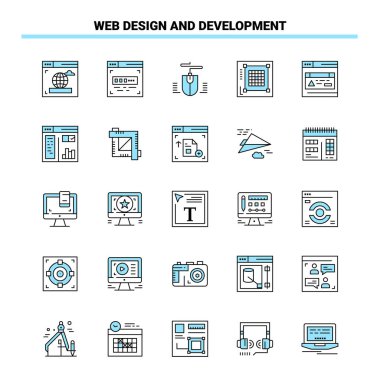 25 Web Tasarım ve Geliştirme Siyah ve Mavi ikon Seti. Yaratıcı 