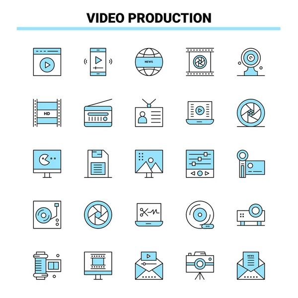 25 Producción de vídeo Conjunto de iconos Negro y Azul. Icono creativo Desig — Vector de stock