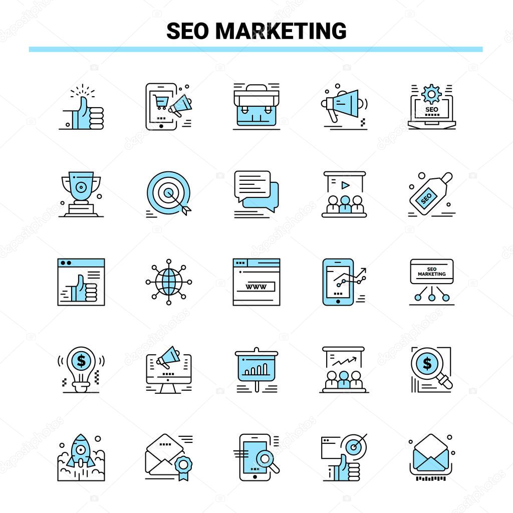 25 Seo Marketing Black and Blue icon Set. Creative Icon Design a